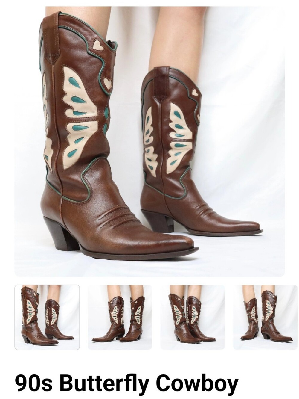 Vintage Nine West Brown Leather Butterfly Western Boots with Cream Teal Accents. - Picture 1 of 12